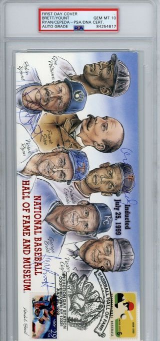 1999 Hof Induction First Day Cover Cachet Signed Ryan Brett Yount Cepeda Psa 10