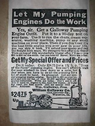 (185) Vintage Reprint Advert Galloway Stationary Gas Engine 1913 11 " X17 "