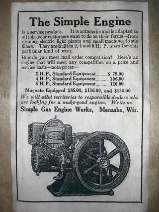 (183) Vintage Reprint Advert Simple Stationary Gas Engine 1920 11 " X17 "