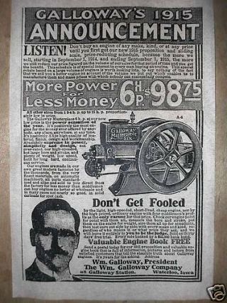 (179) Vintage Reprint Advert Galloway Stationary Gas Engine 1915 11 " X17 "
