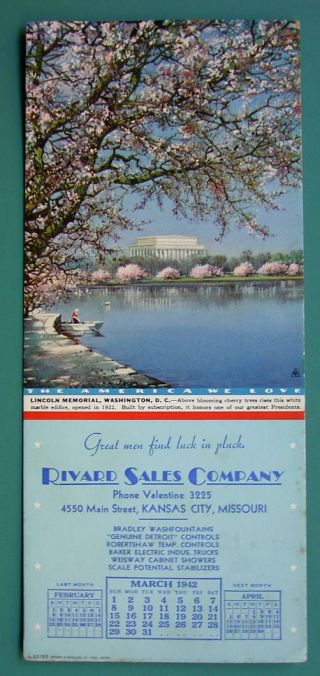 Ink Blotter Ad 1942 - Rivard Sales Co.  Kansas City Mo & Lincoln Memorial Wash Dc