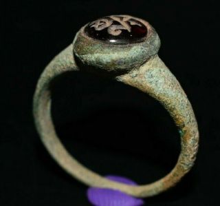 Antique Ancient Roman Empire Bronze Ring With Garnet Stone Intaglio Seal Bezel