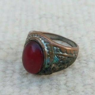 Extremely Ancient Rare Roman Bronze Ring With Red Stone Old Artifact Authentic B
