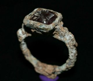 Ancient Roman Empire Bronze Ring W/ Garnet Stone Intaglio Seal Bezel Iii C.  Ad