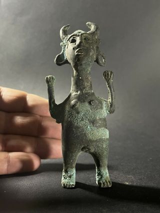 Very Rare Ancient Luristan Bronze Horned Devil Deity Statuette Circa 1000 Bce