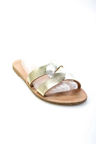 Ancient Greek Sandals Womens Interlocked Metallic Leather Slides Gold Size 40 10