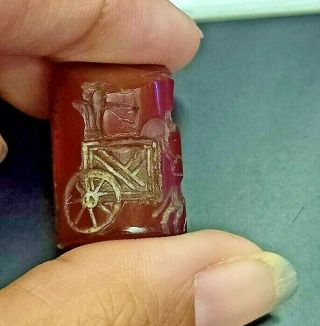 Ancient Carnelian Intaglio King On Chariot Against Lion Cylinder Seal Roll Bead