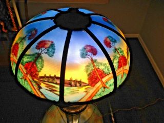 Antique Reverse Painted Eight Panel Lamp W/ Lighted Base (pairpoint/miller)