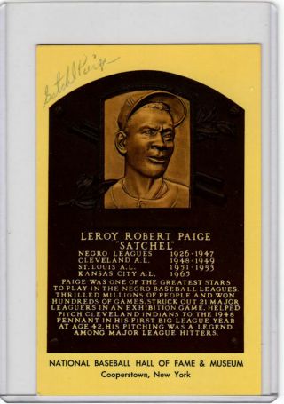 Leroy " Satchel " Paige Signed Baseball Hof Yellow Plaque Postcard
