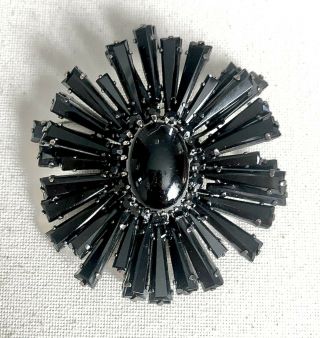 Rare Vintage Schreiner Jet Black Keystone Ruffle Brooch / Necklace Pendant