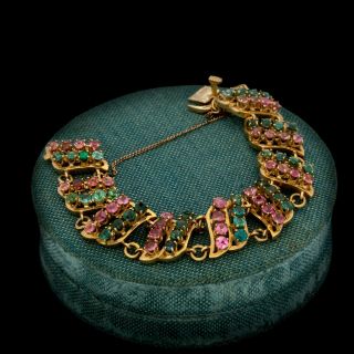 Antique Vintage Art Deco Retro 14k Gold Pink & Green Tourmaline Chain Bracelet