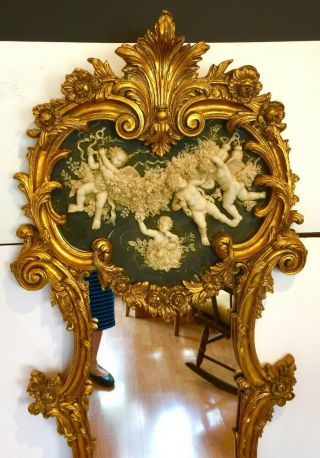 Vintage Louis Xiv French Trumeau Style Gilt Gold Ornate Cherub Relief Mirror 60h