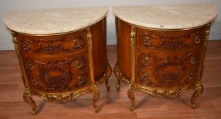 1920 Pair Antique French Louis Xv Walnut & Gold Gilded Marble Top Nightstands