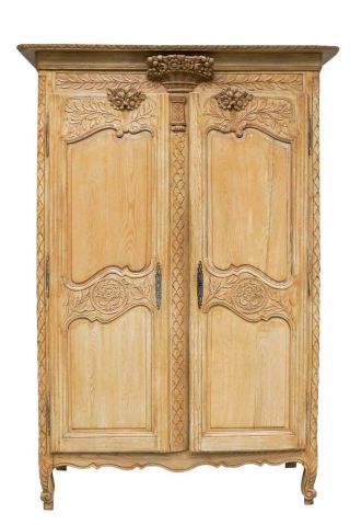 19th Century French Provincial Carved Bleached Oak Armoire