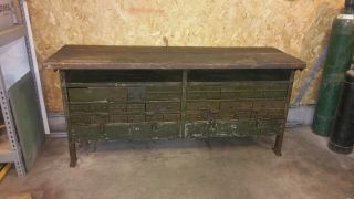 Vintage Antique Industrial Wood Workbench Steel Drawers Work Bench