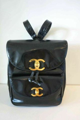 Chanel Vintage Cc Black Patent Leather Classic Backpack Bag 24k Gold Plated Hw