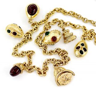 Chanel Red & Green Gripoix Charm Necklace Gold Tone 34 Inch Long Vintage Zz3