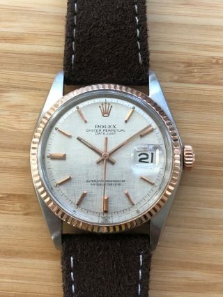 Vintage 1601 Rolex Datejust 36mm Two Tone Pink/rose Gold Linen Pie Pan Dial