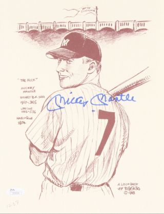 Mickey Mantle “the Mick” Signed Bill Gallo Print Jsa/loa Authenticated 9x11.  5in
