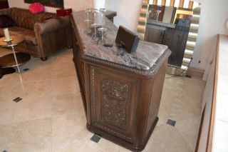 8 Foot Antique Mahogany Serving Bar & Back Bar Cabinets & Marble Top 2