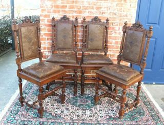 Set Of 4 French Antique Louis Xvi Carved Oak Dining Chairs With Upholstery