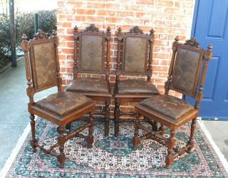 Set of 4 French Antique Louis XVI Carved Oak Dining Chairs With Upholstery 2