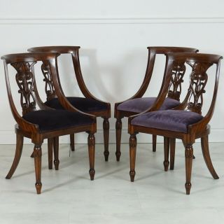 Set Of 4 English Victorian Dining Chairs Mahogany With Purple Velvet Fabric
