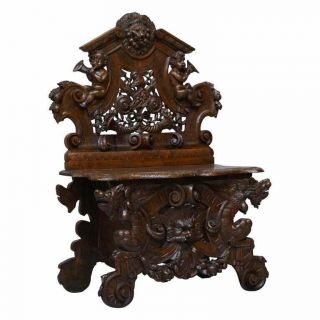 Antique Carved Italian Walnut Renaissance Revival Hall Bench Seat Cherubs Putti