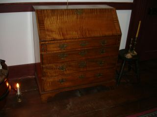 An Early,  York,  Pennsylvania,  Tiger Maple,  Slant Front Writing Chest Of Drawers