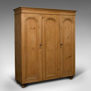 Antique Three Panel Wardrobe,  English,  Pine,  Cupboard,  Closet,  Victorian,  C.  1900