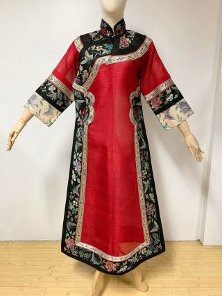 Antique Vintage Chinese Hand Embroidered Mandarin Red Dress Robe Embroidery