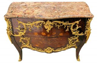 Louis Xv Style Bronze Mounted Commode Chest Of Drawers With Floral Marquetry
