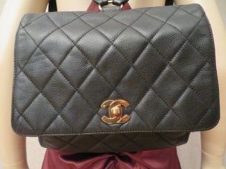 Chanel Cc Backpack Bag Caviar Skin Leather Black Vintage Quilted Matelassé