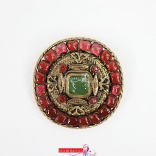 Chanel Vintage Gripoix Round Cabochon Motif Brooch Pin 24k Gold Plated