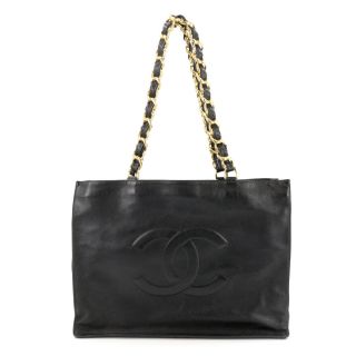 Chanel Cc Chain Tote Bag Leather Black Vintage Purse 90108082