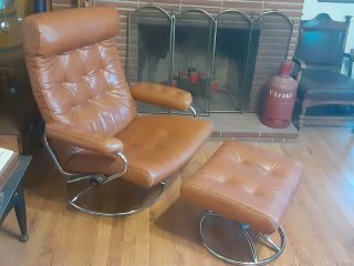 Vintage Mcm Rare Cognac Ekornes Stressless Leather Recliner Chair & Ottoman