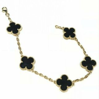 Van Cleef & Arpels Vintage Alhambra 5p Bracelet Onyx Yellow Gold 7.  48inch Ex,