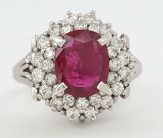 Vintage Platinum 1.  36 Ct Oval Cut Ruby & 0.  58 Round Cut Diamond Double Halo Ring