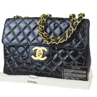 Auth Chanel Cc Matelasse Chain Shoulder Bag Patent Leather Black Vintage 305r372