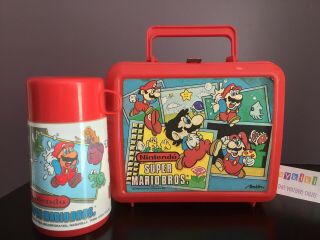 Vintage 1988 Nintendo Mario Bros Aladdin Red Lunch Box & Thermos Complete