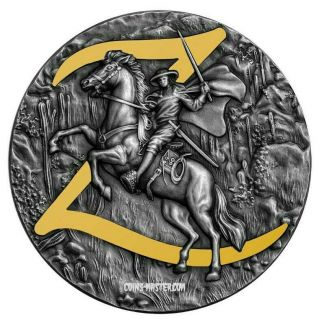 2021 2 Oz Silver $5 Niue Zorro Antique Finish Coin With 24k Gold Gilded.