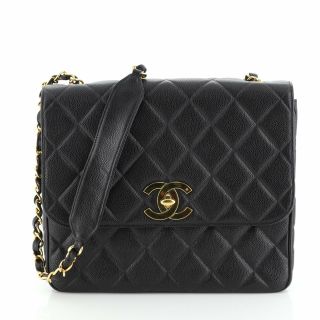 Chanel Vintage Square Cc Flap Bag Quilted Caviar Medium