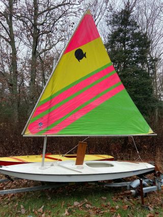 Vintage Sunfish Sailboat With Rare Pink & Green Sail.  Includes Trailer.