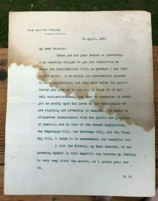 Vintage Autograph President Woodrow Wilson Signature World War I Signed Letter