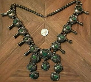 Vintage Navajo Squash Blossom Necklace Royston Turquoise Sterling Huge 280 Grams