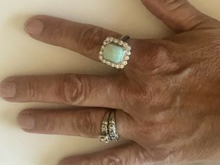 Vintage Opal & 18 Diamonds 14k White Gold Ring Size 8 W/ Installed Sizing Ring