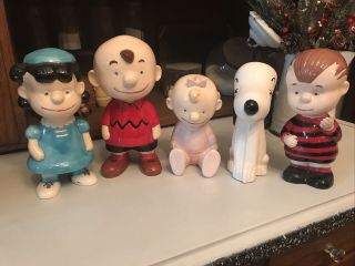 5 Htf Vintage Peanuts Ceramic Figures Charlie Brown,  Lucy,  Snoopy,  Linus,  Sally