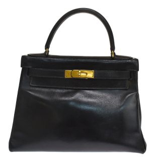 Authentic Hermes Kelly 40 Hand Bag Box Calf Leather Black France Vintage 330r397