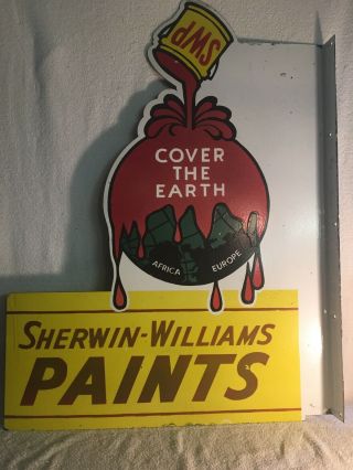 Vintage Sherwin Williams Cover The Earth porcelain double sided sign flange 6