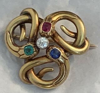 Antique Victorian French 18k Gold Diamond Ruby Sapphire Emerald Snake Pin 16.  9gr